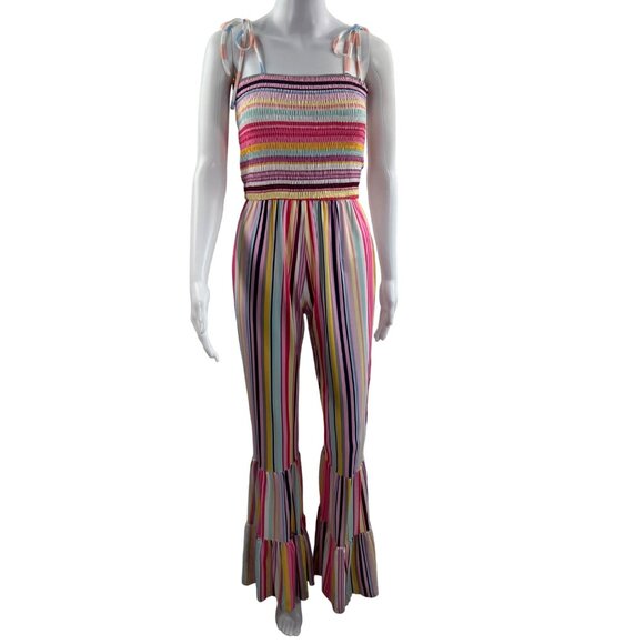 70s Style Retro Groovy Rainbow Striped Womens S Wide Leg Jumpsuit Smocked Romper - Picture 1 of 16